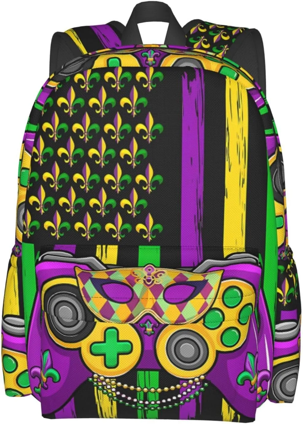 Mardi Gras Video Game Beads Mask American Flag Backpack Casual Laptop Backpack Large Capacity Double Shoulder Bag Travel Daypack For Women Men