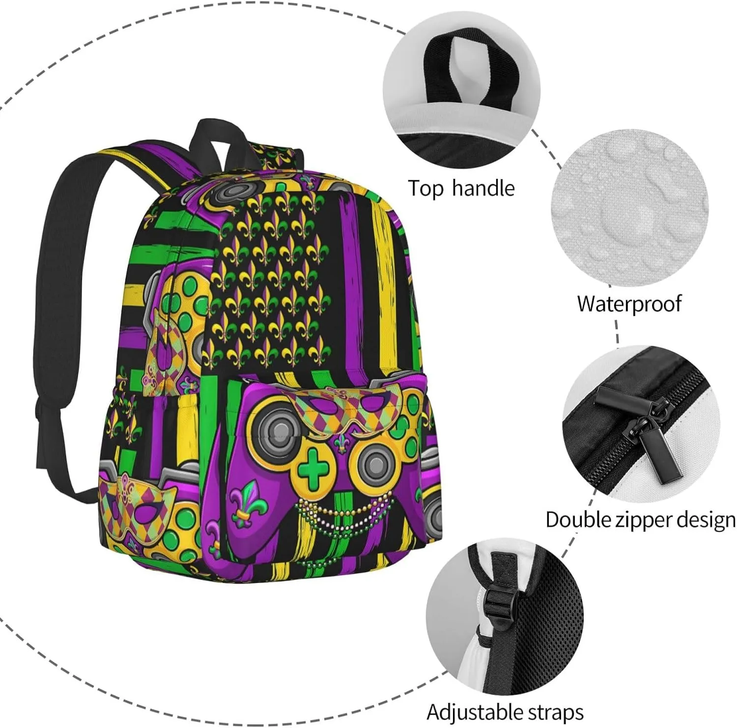 Mardi Gras Video Game Beads Mask American Flag Backpack Casual Laptop Backpack Large Capacity Double Shoulder Bag Travel Daypack For Women Men