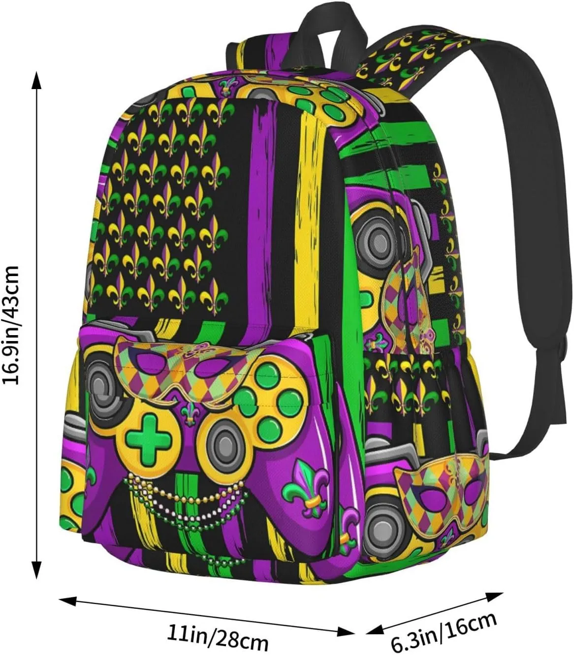Mardi Gras Video Game Beads Mask American Flag Backpack Casual Laptop Backpack Large Capacity Double Shoulder Bag Travel Daypack For Women Men