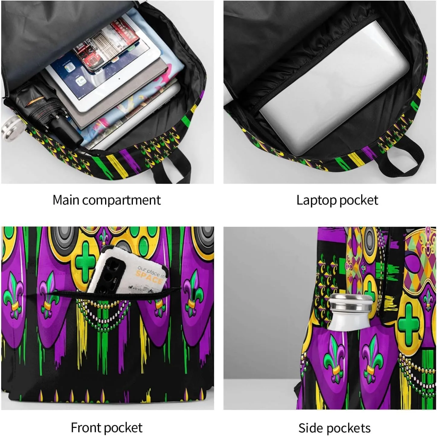 Mardi Gras Video Game Beads Mask American Flag Backpack Casual Laptop Backpack Large Capacity Double Shoulder Bag Travel Daypack For Women Men