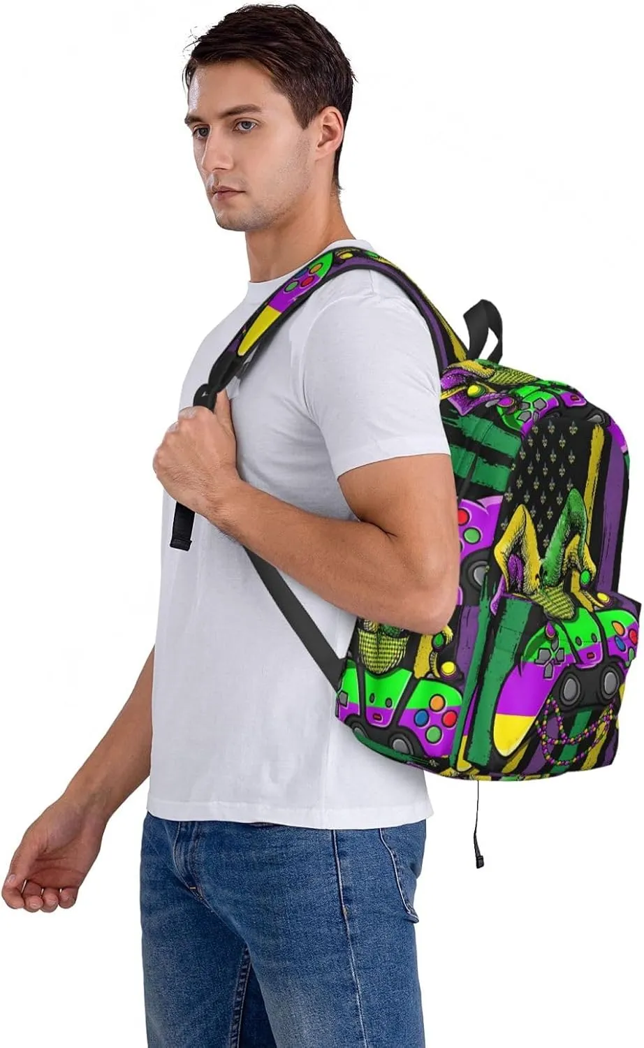 Mardi Gras Video Game Jester Hat American Flag Backpack Casual Laptop Backpack Large Capacity Double Shoulder Bag Travel Daypack For Women Men