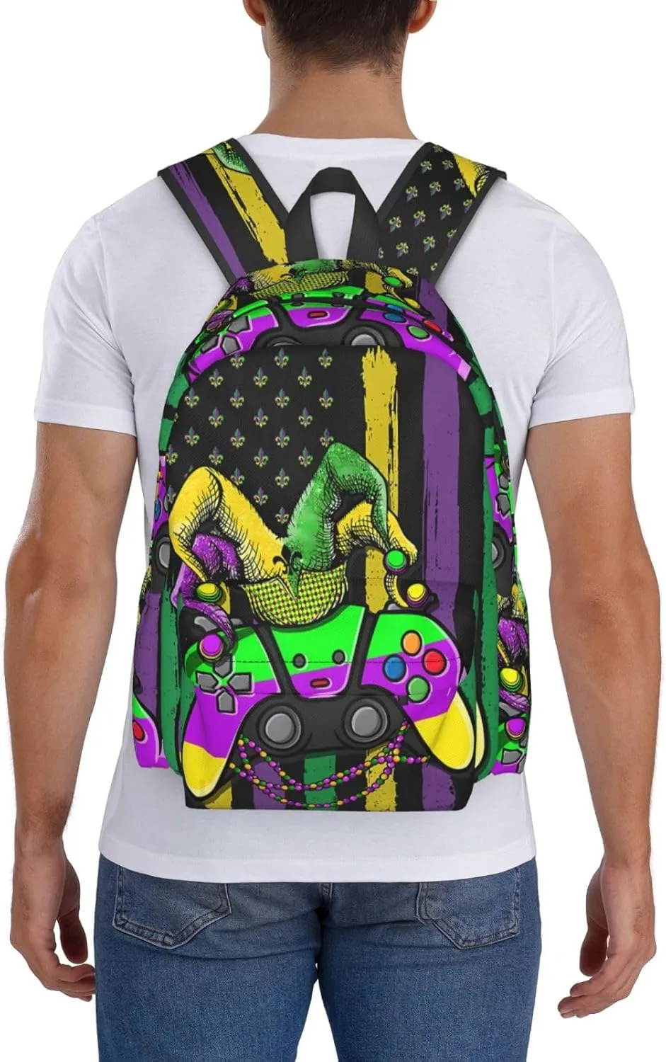 Mardi Gras Video Game Jester Hat American Flag Backpack Casual Laptop Backpack Large Capacity Double Shoulder Bag Travel Daypack For Women Men