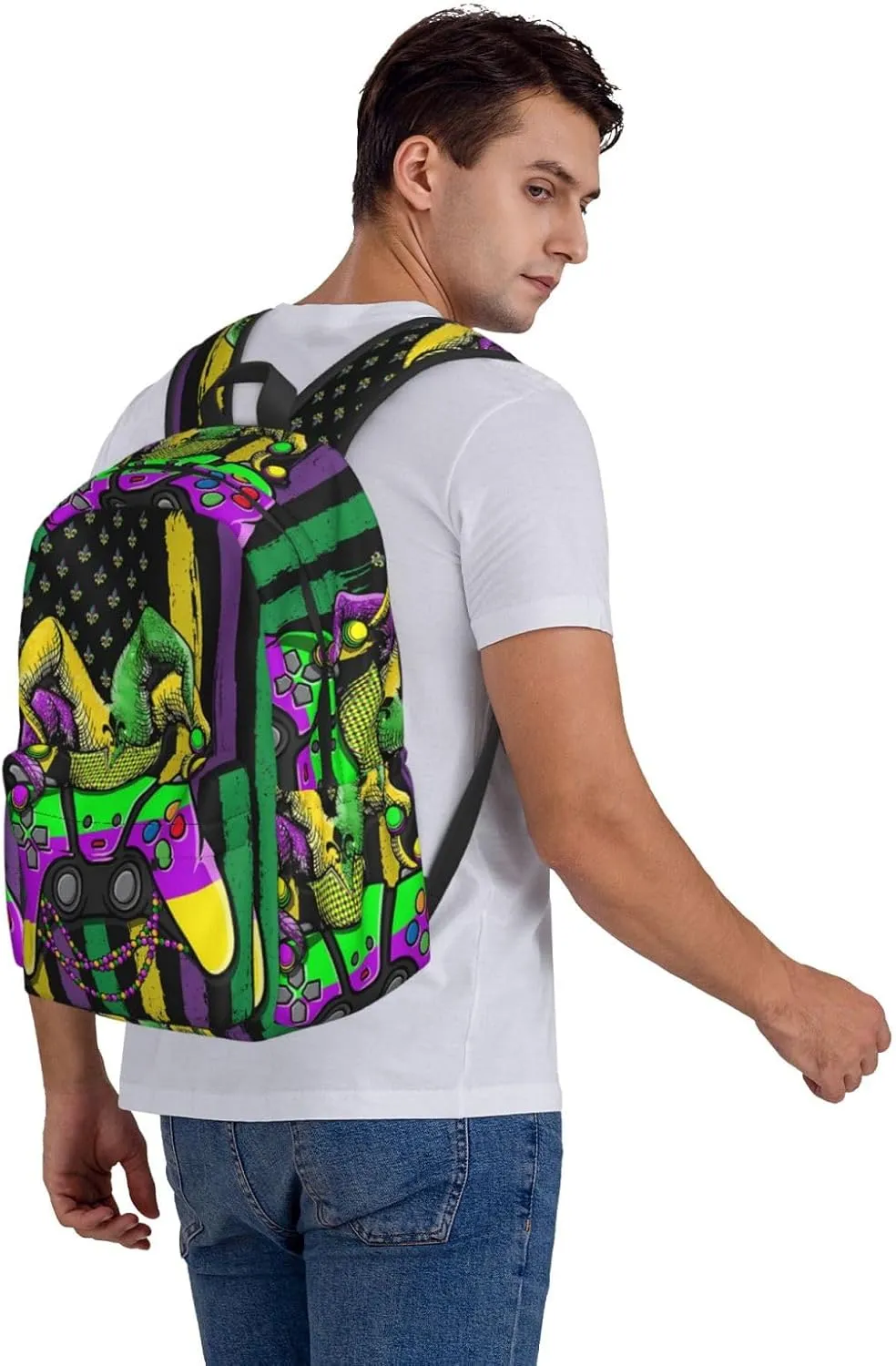 Mardi Gras Video Game Jester Hat American Flag Backpack Casual Laptop Backpack Large Capacity Double Shoulder Bag Travel Daypack For Women Men