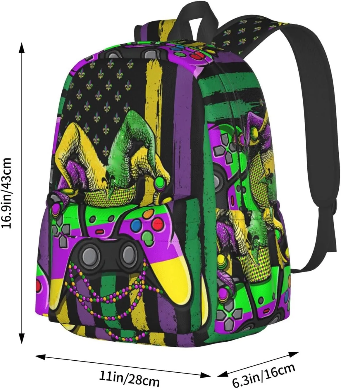 Mardi Gras Video Game Jester Hat American Flag Backpack Casual Laptop Backpack Large Capacity Double Shoulder Bag Travel Daypack For Women Men