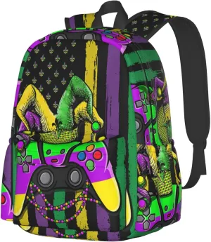 Mardi Gras Video Game Jester Hat American Flag Backpack Casual Laptop Backpack Large Capacity Double Shoulder Bag Travel Daypack For Women Men