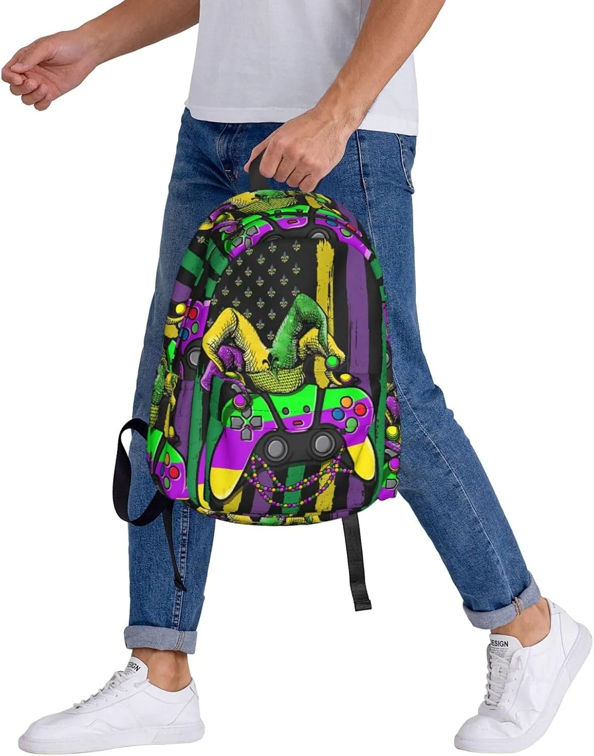 Mardi Gras Video Game Jester Hat American Flag Backpack Casual Laptop Backpack Large Capacity Double Shoulder Bag Travel Daypack For Women Men