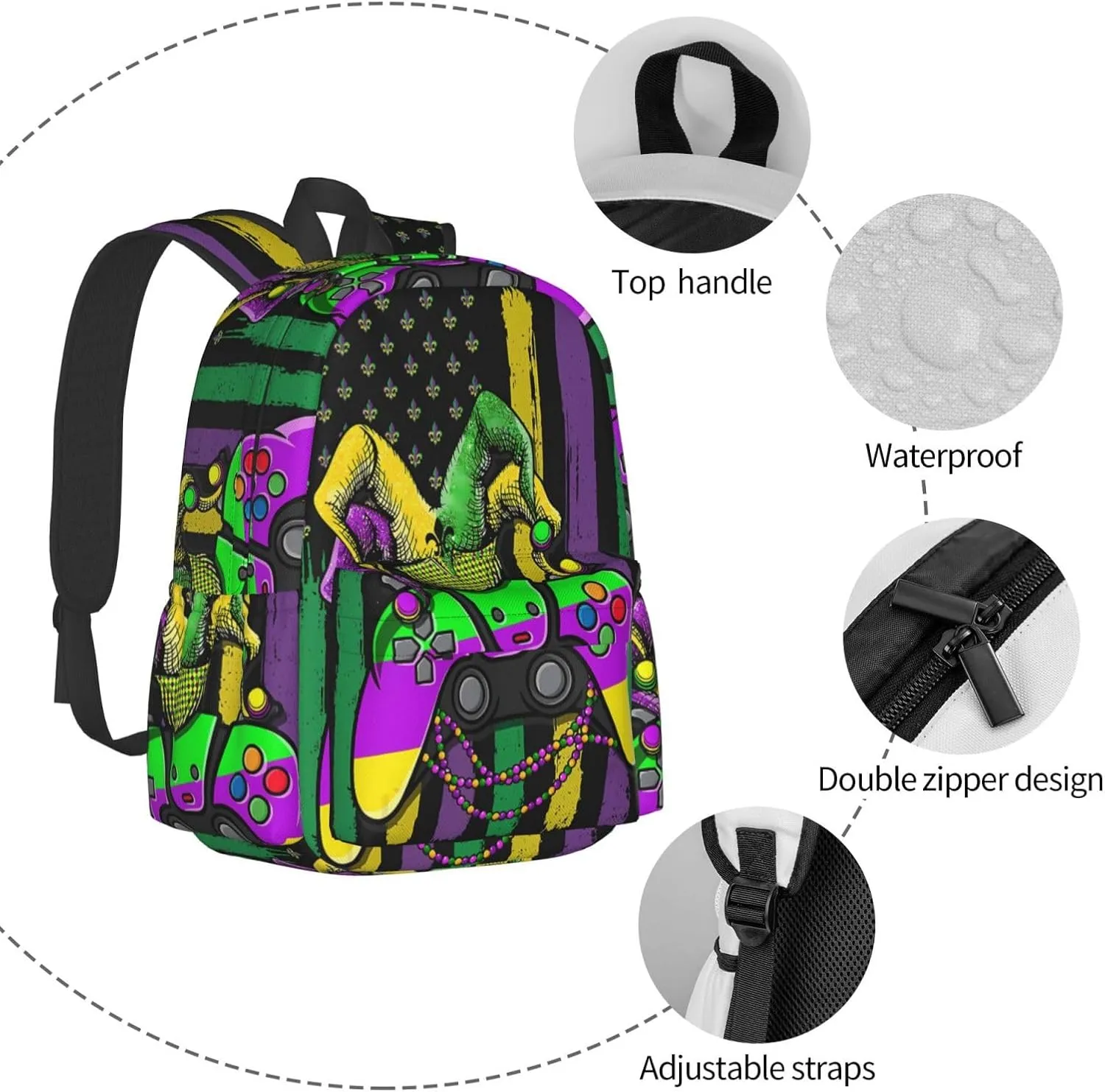 Mardi Gras Video Game Jester Hat American Flag Backpack Casual Laptop Backpack Large Capacity Double Shoulder Bag Travel Daypack For Women Men