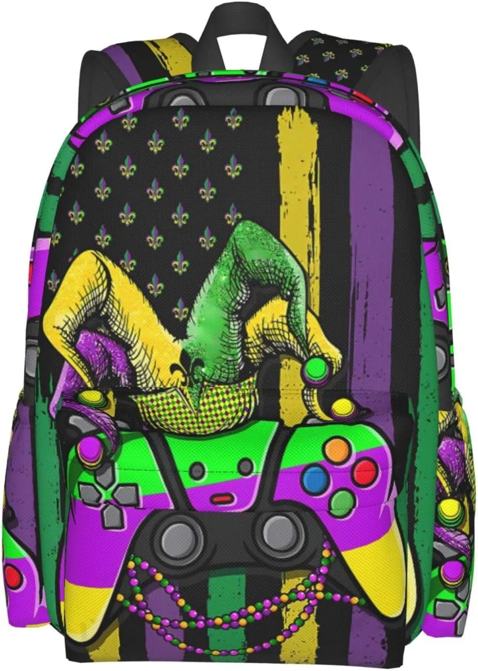 Mardi Gras Video Game Jester Hat American Flag Backpack Casual Laptop Backpack Large Capacity Double Shoulder Bag Travel Daypack For Women Men