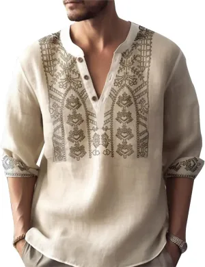 Men's 3D Printed Mandarin Collar Shirt Casual Long Sleeve Henley with Intricate Pattern