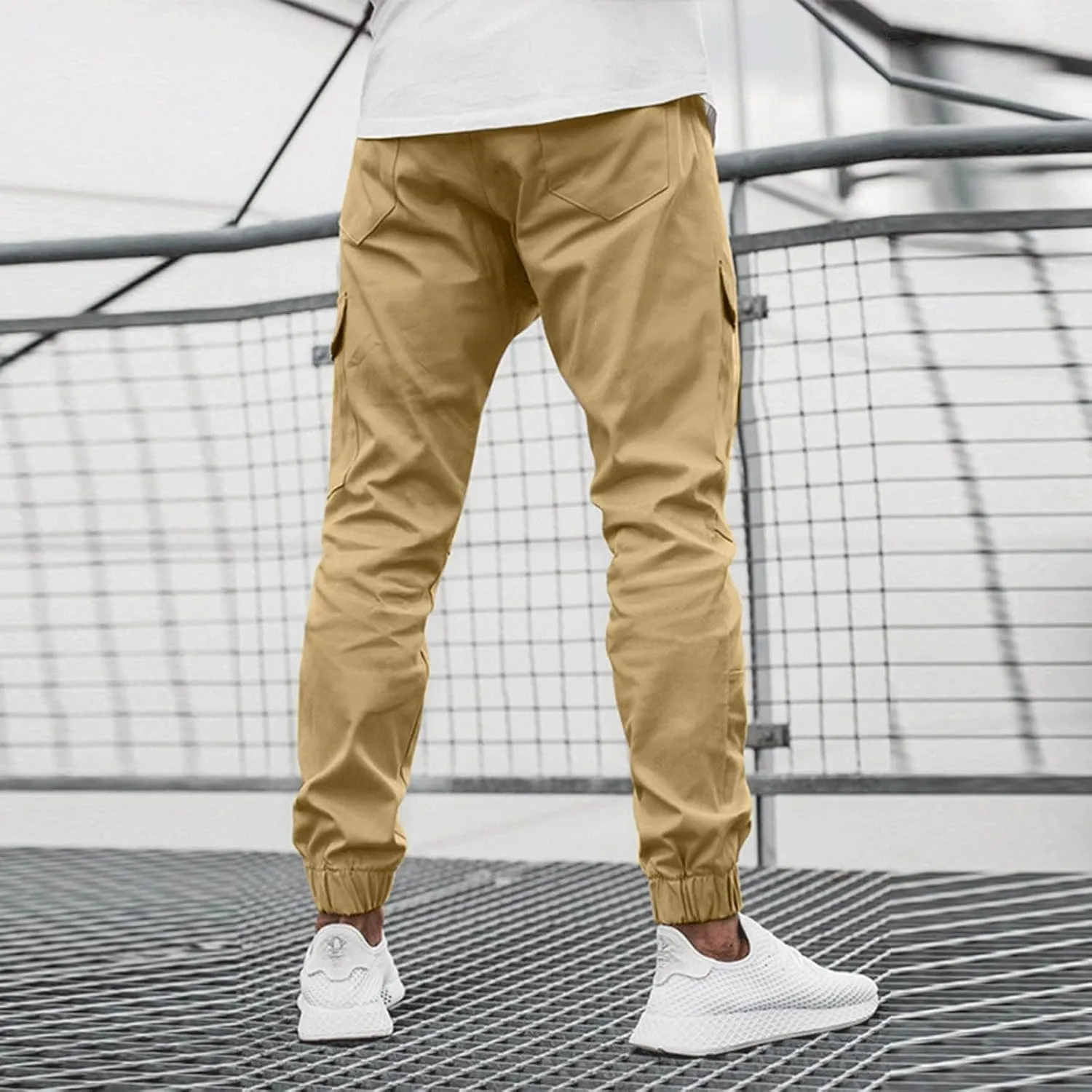 Mens Cargo Pants Lightweight Elastic Waist Casual Sweatpants Slim Fit Joggers Athletic Side Zipper Pockets Trousers