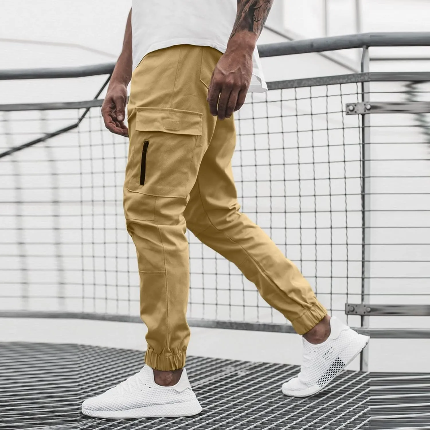 Mens Cargo Pants Lightweight Elastic Waist Casual Sweatpants Slim Fit Joggers Athletic Side Zipper Pockets Trousers
