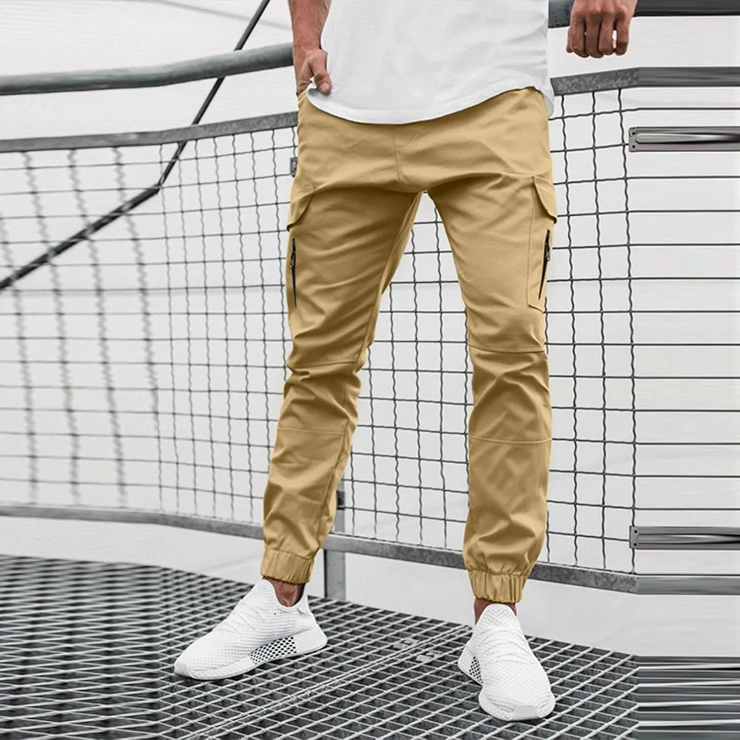 Mens Cargo Pants Lightweight Elastic Waist Casual Sweatpants Slim Fit Joggers Athletic Side Zipper Pockets Trousers