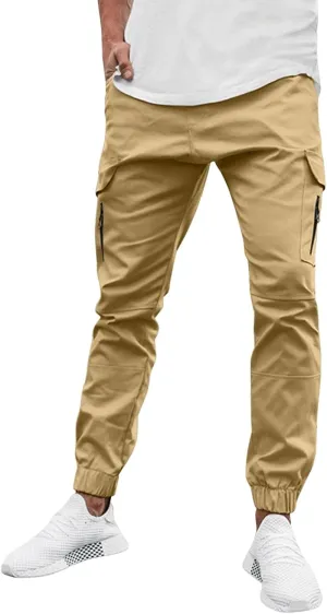 Mens Cargo Pants Lightweight Elastic Waist Casual Sweatpants Slim Fit Joggers Athletic Side Zipper Pockets Trousers