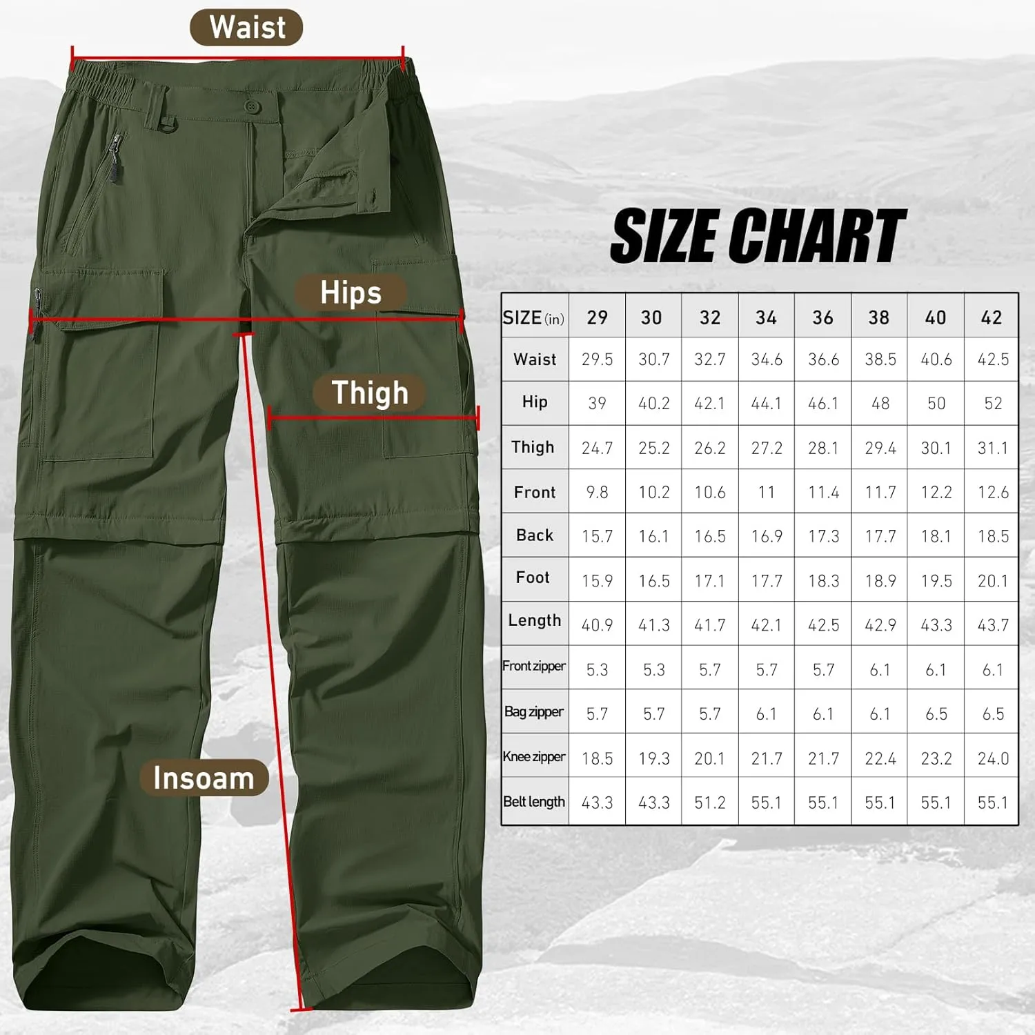 Men's Hiking Convertible Work Pants Cargo Zip Off Lightweight Quick Dry Stretch Pants Summer Fishing Travel Outdoor