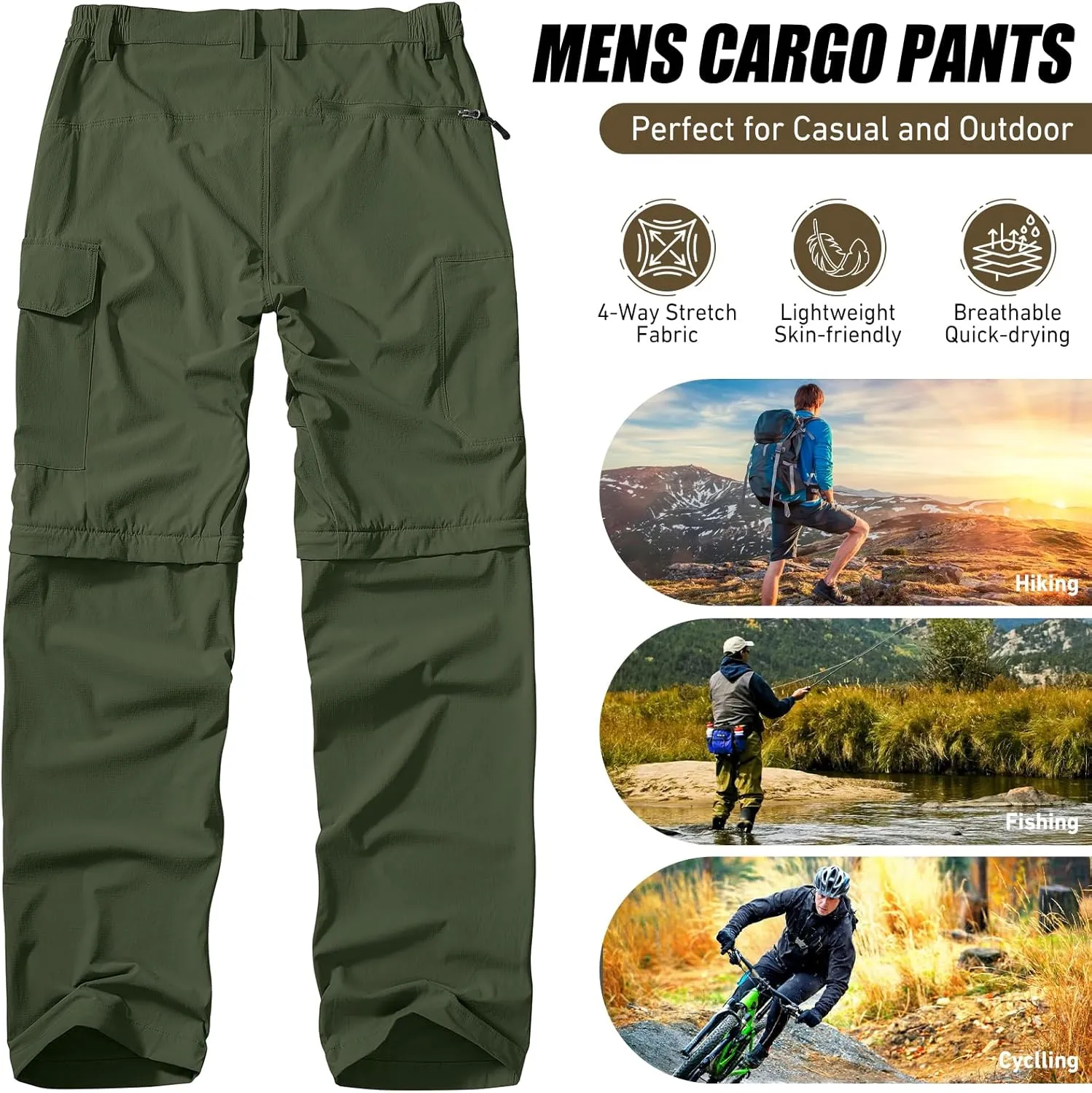 Men's Hiking Convertible Work Pants Cargo Zip Off Lightweight Quick Dry Stretch Pants Summer Fishing Travel Outdoor