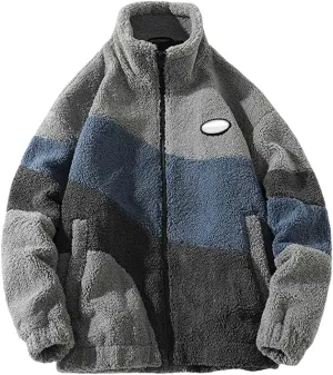 Mens Jacket Casual Contrast Color Warm Fleece Thickened Long Sleeved Cotton-Padded Coat