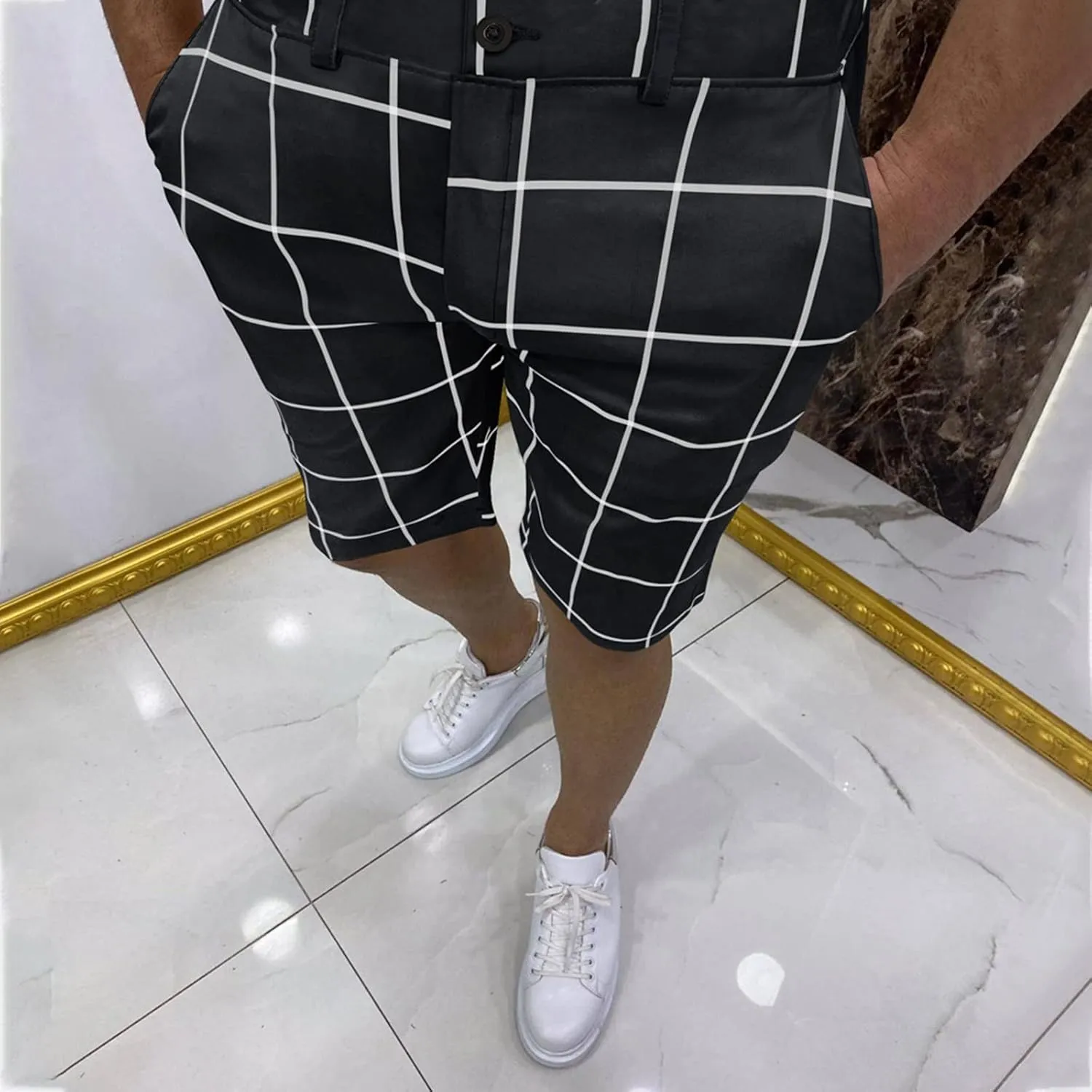 Mens Shorts Slim Fit Stretch Chino Short Pants Flat Front Summer Chino Checked Tartan Golf Yoga Basic Plaid Short
