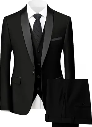 Mens Suit 3 Piece Slim Fit Suit for Men One Button Shawl Lapel Tuxedo Blazer Vest Pant for Wedding Business Prom