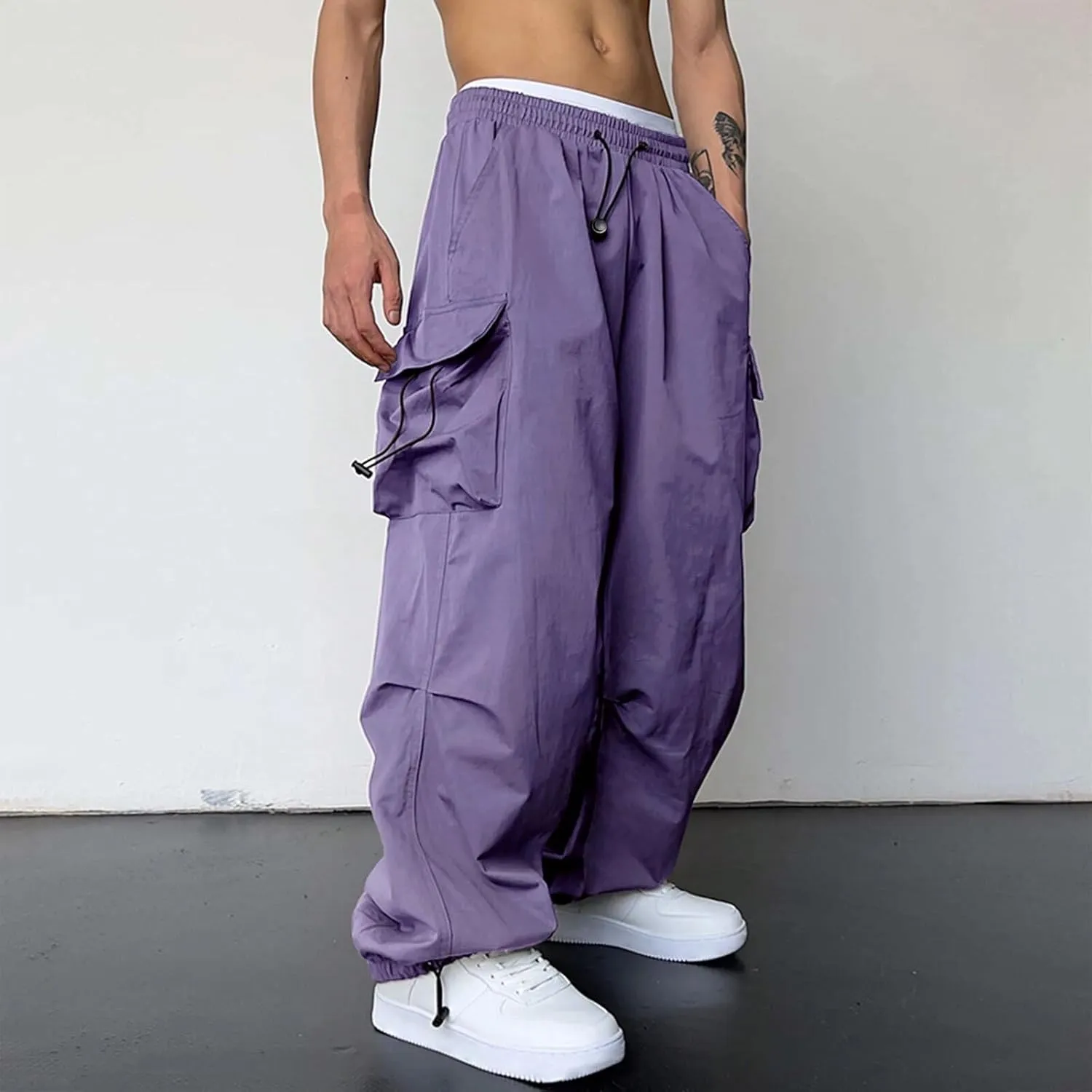 Men's Trendy Loose Fit Baggy Parachute Cargo Pants Drawstring Casual Harem Joggers with Pockets for Outdoor Work Beach
