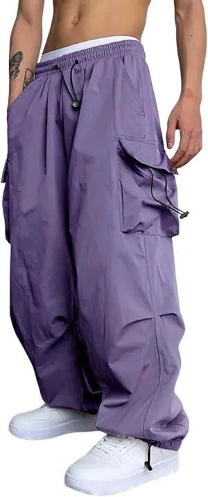 Men's Trendy Loose Fit Baggy Parachute Cargo Pants Drawstring Casual Harem Joggers with Pockets for Outdoor Work Beach
