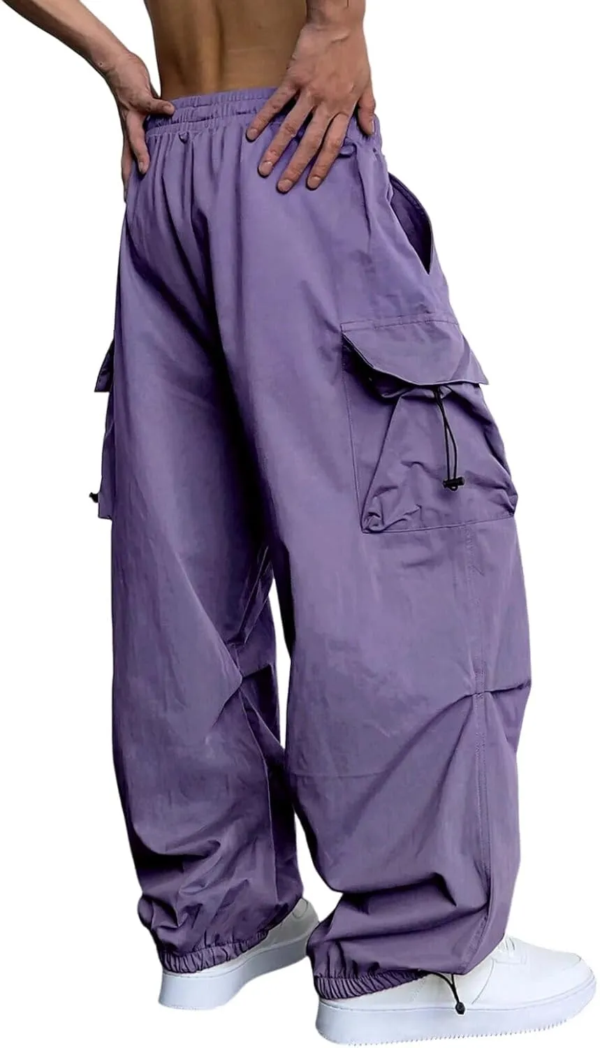 Men's Trendy Loose Fit Baggy Parachute Cargo Pants Drawstring Casual Harem Joggers with Pockets for Outdoor Work Beach