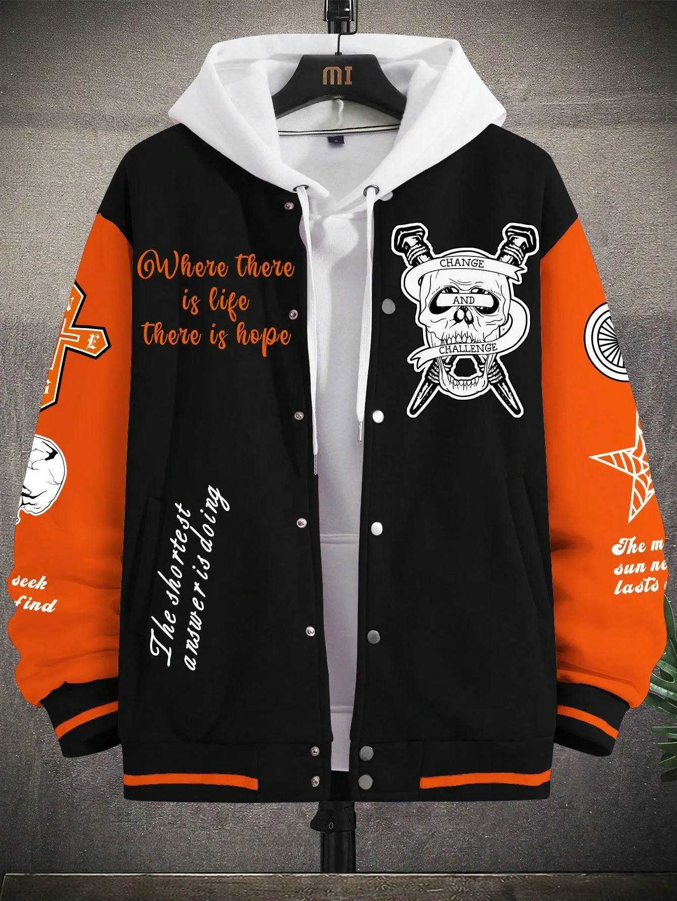 Men's Two-Tone Varsity Jacket with Slogan and Cartoon Graphic