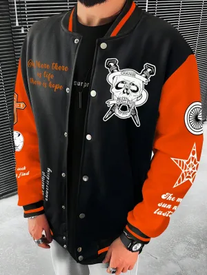 Men's Two-Tone Varsity Jacket with Slogan and Cartoon Graphic