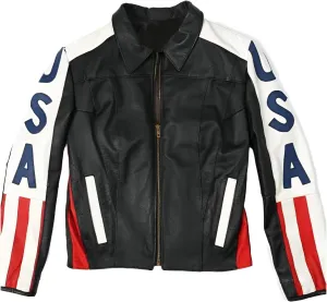 Men's Unisex American Flag Biker Bomber Genuine Leather Jacket - Gomez Motorcycle Black Leather Jacket