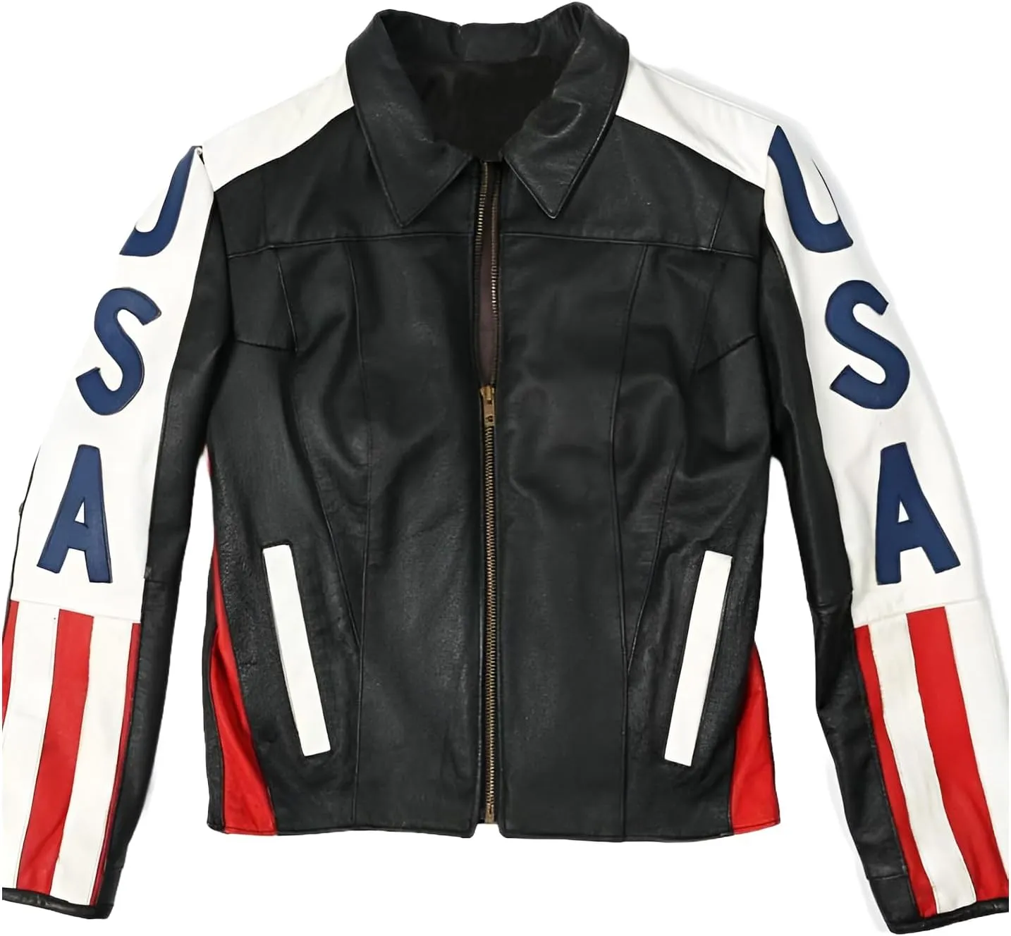 Men's Unisex American Flag Biker Bomber Genuine Leather Jacket - Gomez Motorcycle Black Leather Jacket