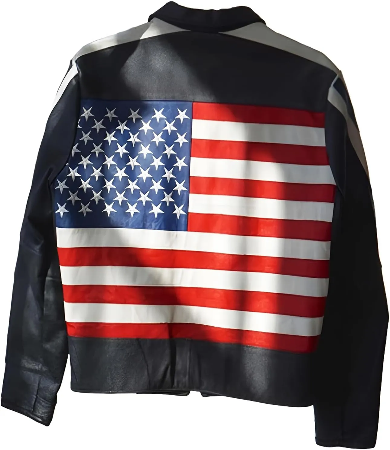 Men's Unisex American Flag Biker Bomber Genuine Leather Jacket - Gomez Motorcycle Black Leather Jacket