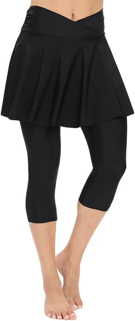Micosuza Women's Swim Capris Leggings with Skirt Sun Protection Modest Cross High Waist Skirted Swim Pants