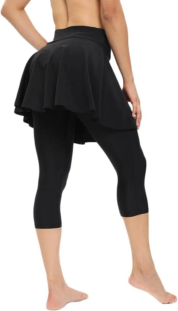 Micosuza Women's Swim Capris Leggings with Skirt Sun Protection Modest Cross High Waist Skirted Swim Pants
