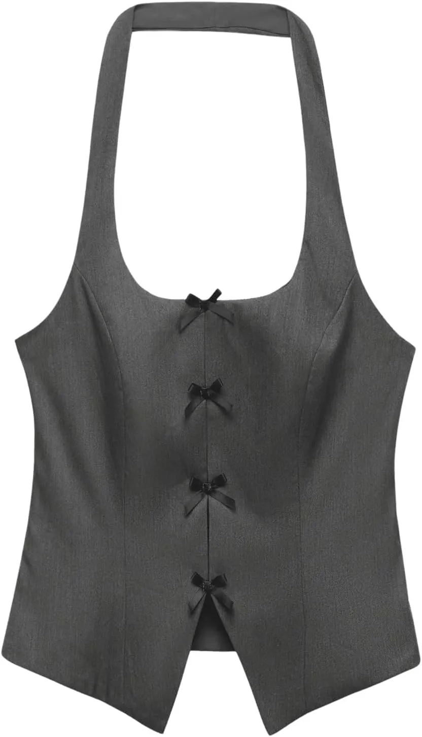 Milumia Women's Backless Halter Crop Top Y2K Bow Front Cut Out Sleeveless Going Out Tank Tops