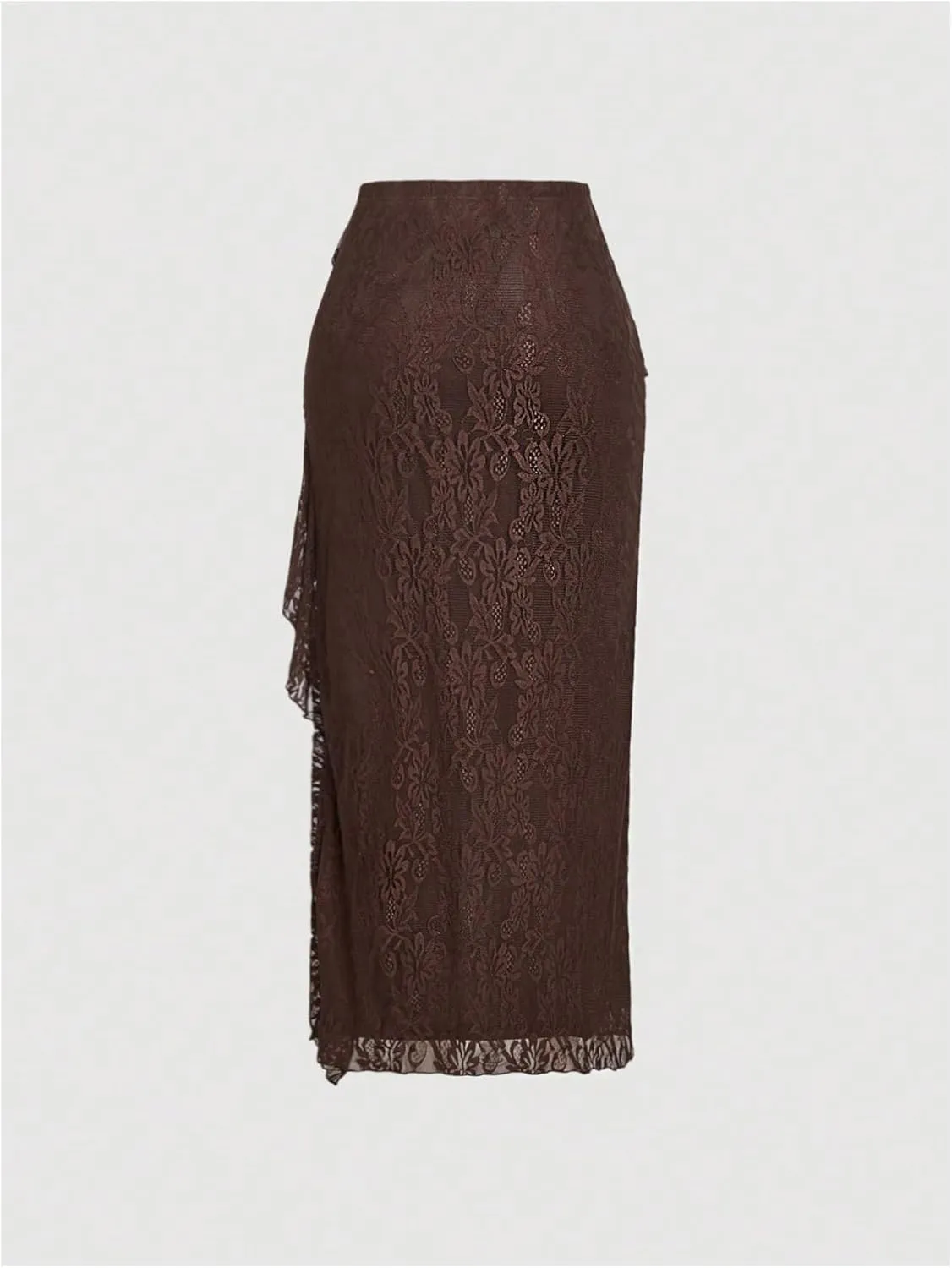 Milumia Women's Lace Ruffle Trim Skirt High Waisted Split Hem Asymmetrical Maxi Skirts