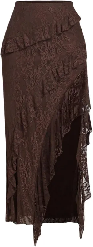 Milumia Women's Lace Ruffle Trim Skirt High Waisted Split Hem Asymmetrical Maxi Skirts