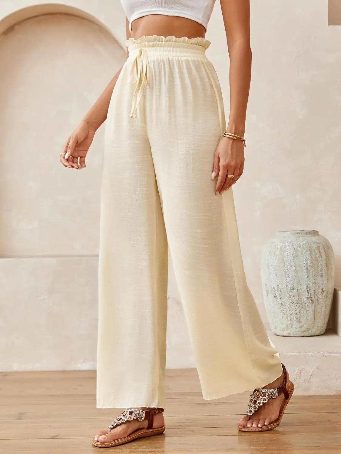 Milumia Women's Summer Linen Bathing Suit Cover Up Swim Beach Pants Sheer Wide Leg Swimsuit Coverup Pants