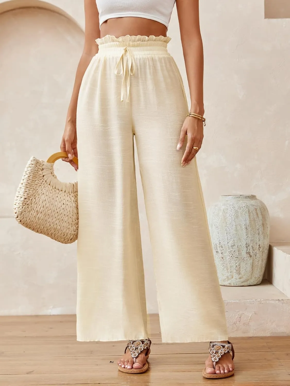 Milumia Women's Summer Linen Bathing Suit Cover Up Swim Beach Pants Sheer Wide Leg Swimsuit Coverup Pants
