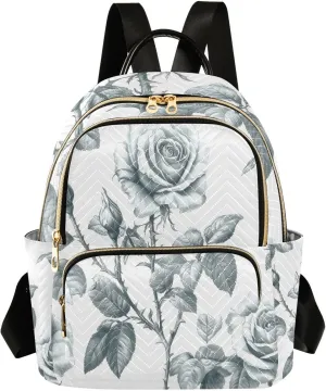 Mini Backpack for Women Black Grey Leaves Flower Small Purse Daypacks Stylish Bags Lightweight Travel Backpacks for College Shopping Work Dating