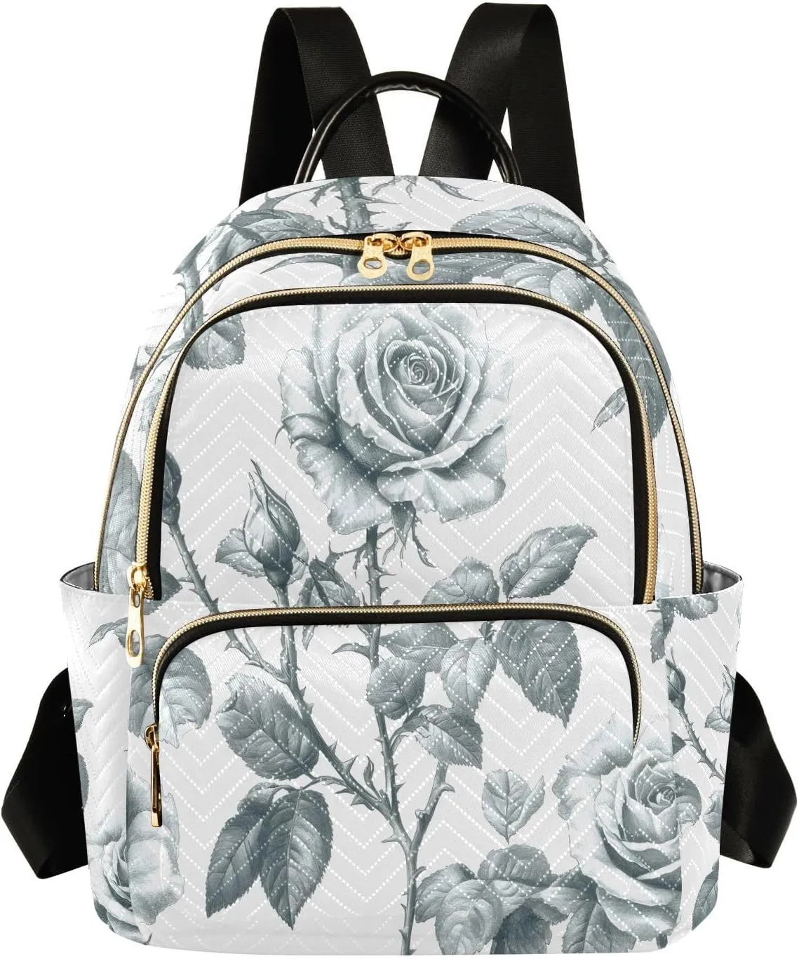 Mini Backpack for Women Black Grey Leaves Flower Small Purse Daypacks Stylish Bags Lightweight Travel Backpacks for College Shopping Work Dating