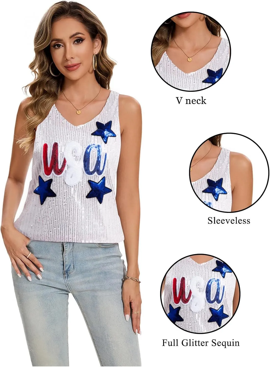 MNLYBABY USA Sequin Tank Top Woman 4th of July Shirts American Flag Sleeveless USA Stars Full Sequin Patriotic V Neck Vest