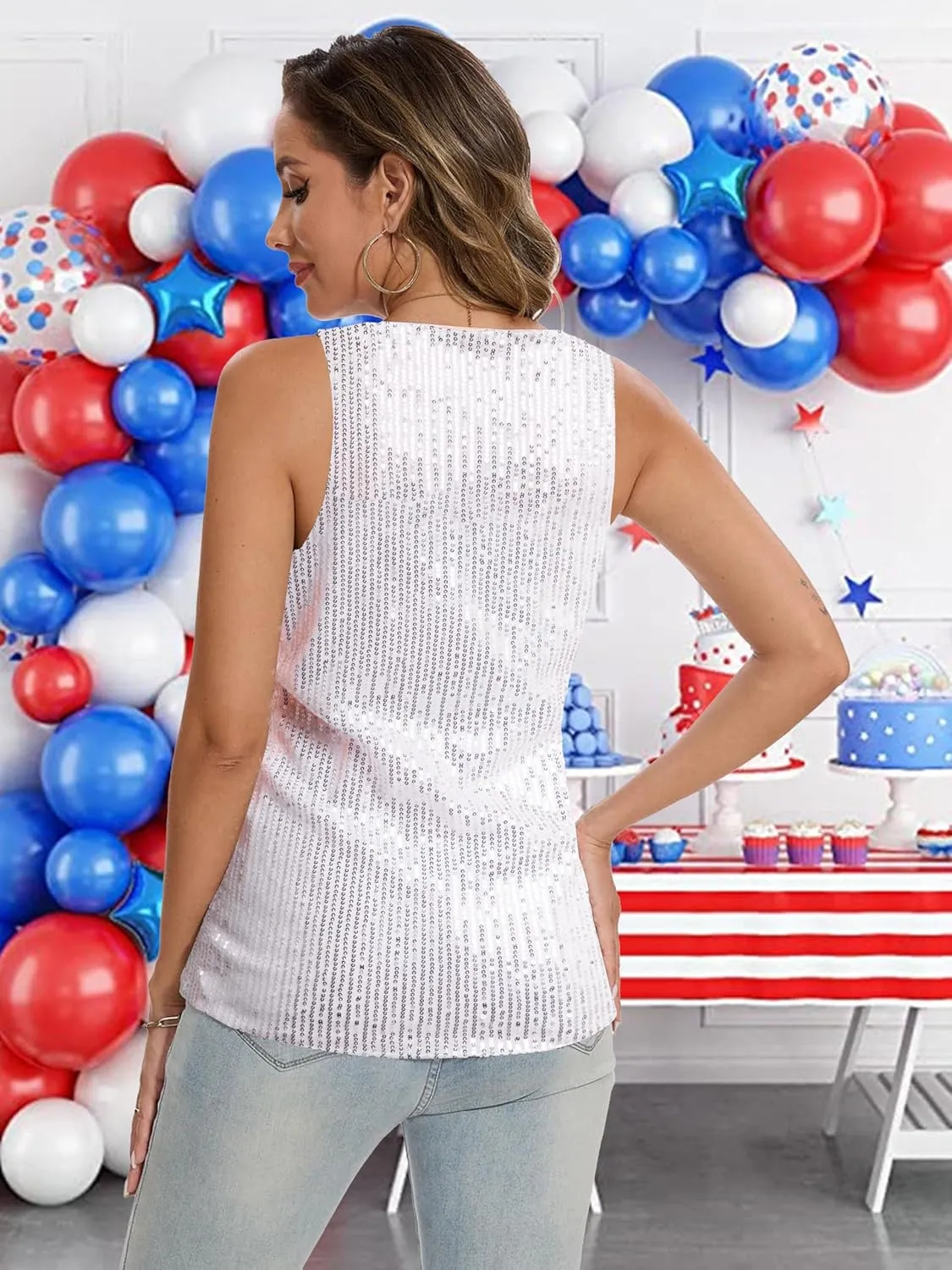 MNLYBABY USA Sequin Tank Top Woman 4th of July Shirts American Flag Sleeveless USA Stars Full Sequin Patriotic V Neck Vest