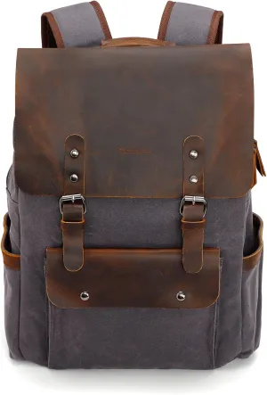 Modoker Waxed Canvas Backpack, Leather Rucksack Knapsack for Men Woman Satchel Backpack, Vintage Travel Laptop Backpack 15.6 Inch Retro Flap Backpacks Canvas Casual Daypack Purple