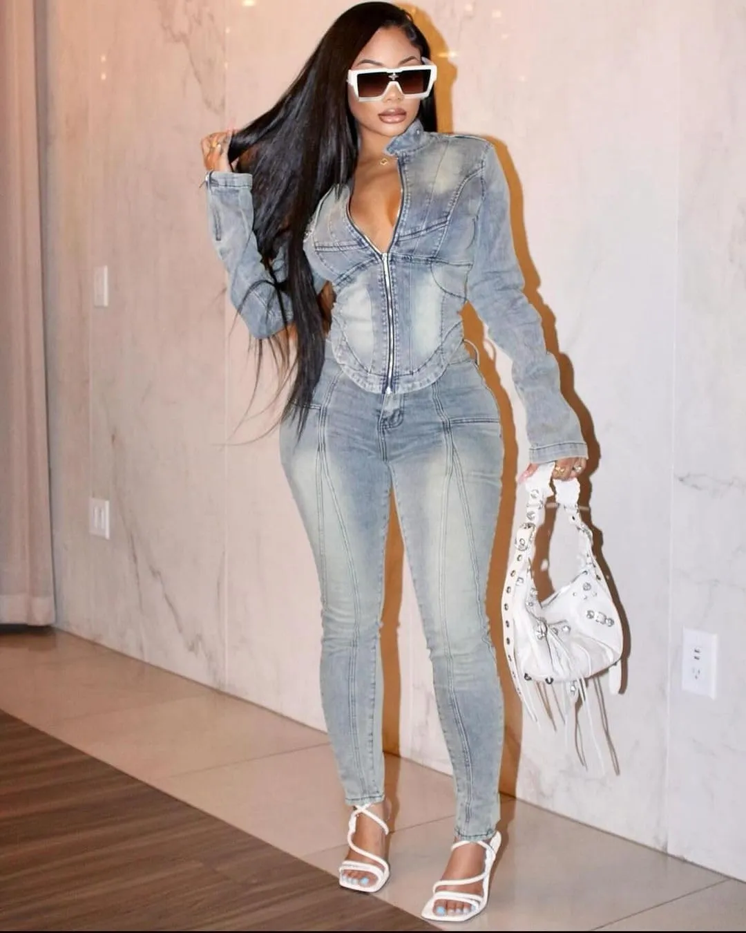 Molilove Women's Two Piece Set Denim Outfits Long Sleeve Zip Up Cropped Jean Jacket Bodycon Pants Fall Y2K Outfits Tracksuit