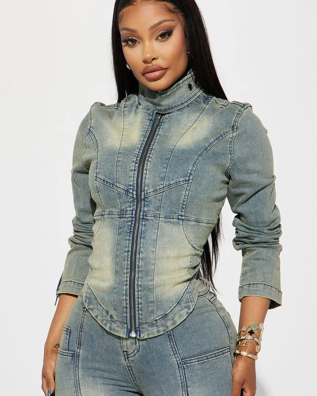 Molilove Women's Two Piece Set Denim Outfits Long Sleeve Zip Up Cropped Jean Jacket Bodycon Pants Fall Y2K Outfits Tracksuit