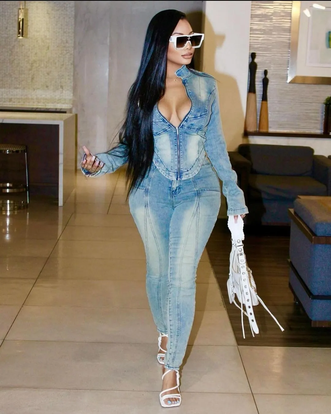 Molilove Women's Two Piece Set Denim Outfits Long Sleeve Zip Up Cropped Jean Jacket Bodycon Pants Fall Y2K Outfits Tracksuit