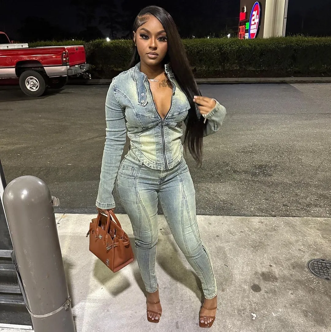 Molilove Women's Two Piece Set Denim Outfits Long Sleeve Zip Up Cropped Jean Jacket Bodycon Pants Fall Y2K Outfits Tracksuit