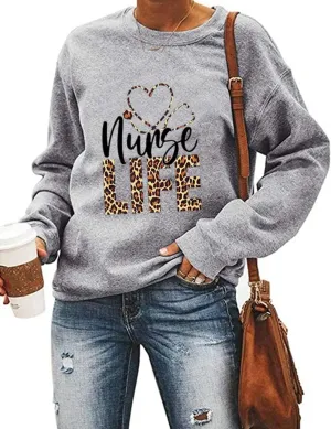 Nurse Life Sweatshirt for Women Funny Letter Print Stethoscope Graphic Long Sleeve Pullover Tops