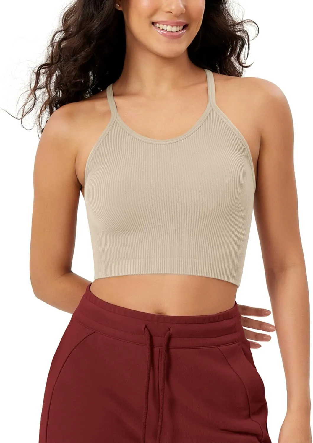 ODODOS Women's Crop Seamless Rib-Knit Camisole Strappy Racerback Cropped Tank Tops
