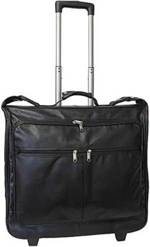 Old World Opulence Leather Garment Bag with Wheels in Black, Featuring Cowhide Leather Construction, Multiple Pockets, and Telescopic Handle