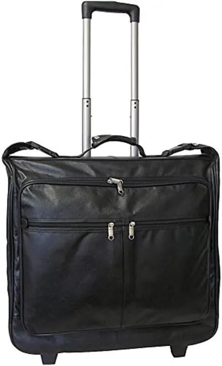 Old World Opulence Leather Garment Bag with Wheels in Black, Featuring Cowhide Leather Construction, Multiple Pockets, and Telescopic Handle